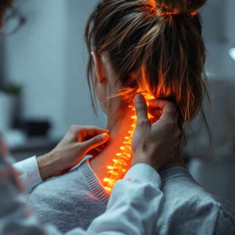 especialista medico examinando la zona del cuello de una paciente con enfasis en la columna
