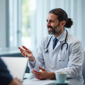 doctor explicando diagnostico a un paciente en una reunion medica