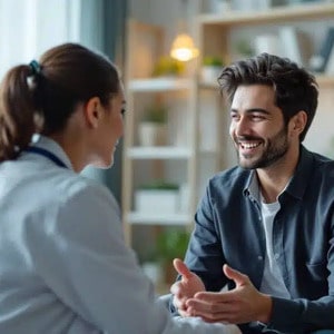 mujer hablando con profesional en una consulta medica con iluminacion natural