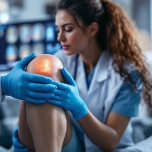 doctor examinando rodilla lesionada articulacion inflamada