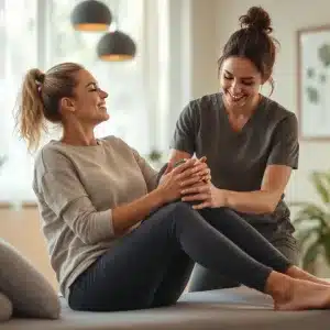 fisio tocando la rodilla de una paciente