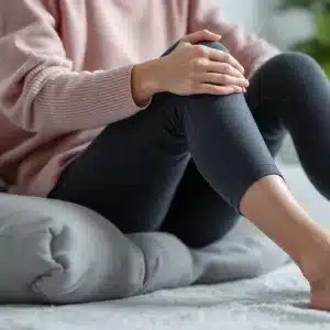 mujer sentada con dolor en la rodilla