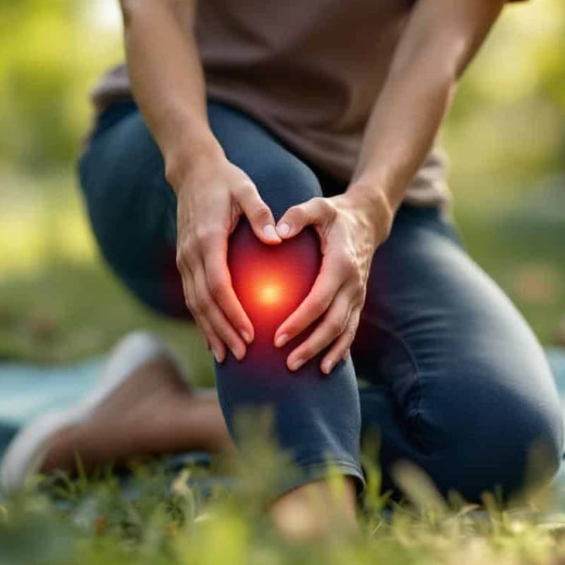 persona con dolor en la rodilla en un jardin