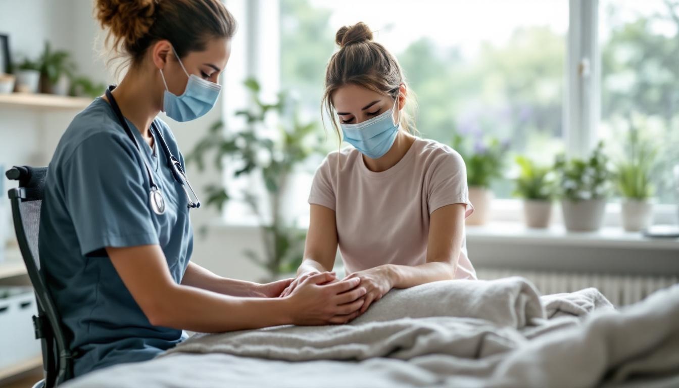 fisio y paciente con mascarilla de la mano