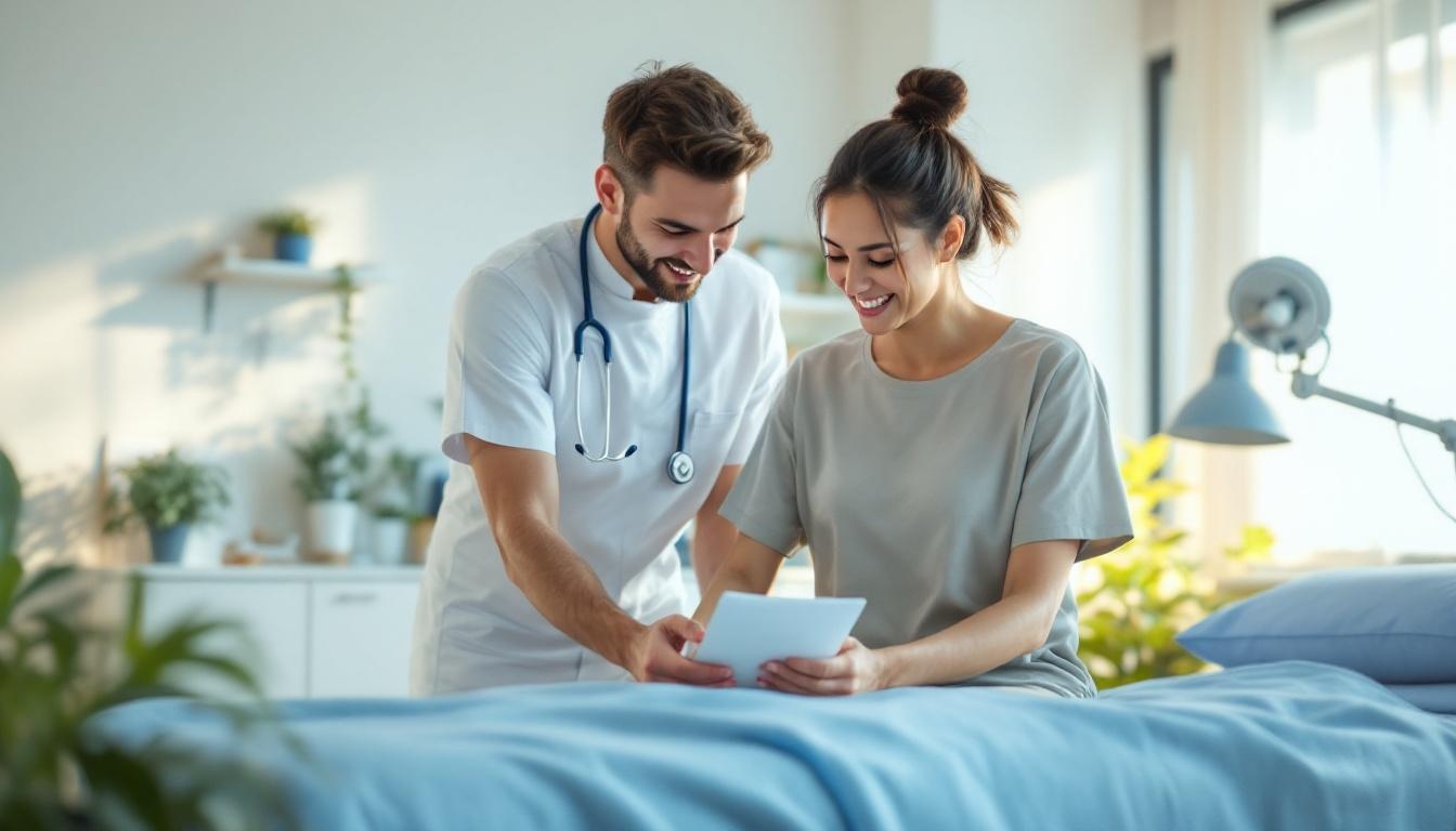 fisio y paciente mirando un papel