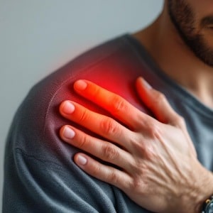 paciente tocandose el hombro con dolor